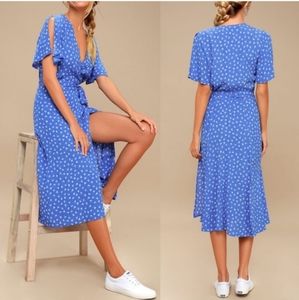 Lulu’s Maretta Blue + White Floral Wrap Dress Sz S